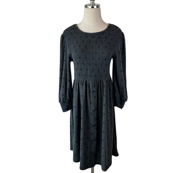 Vintage Polka Dot Long Sleeve Smocked Buttons Dress size Medium Gray Twee - Picture 1 of 10